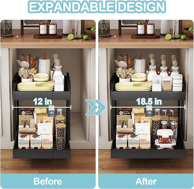 Golener 2-Tier Expandable Pull Out Cabinet Organizer - 21" Deep Pull-Out Drawers for Kitchen Cabinets, 2 Slide Home Storage Organizers, Slide Out Shelves for Base Cabinet Organization in Kitchen,Black