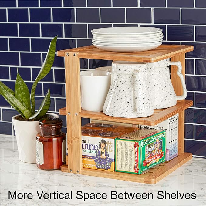 Bamboo Corner Shelf - 3 Tier 10 x 10 inch and 11.5 inches high. Kitchen Cabinet Organizer - Pantry Organization and Storage - Bathroom Countertop Shelves