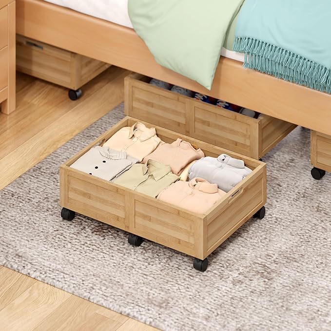 WISUCART Wood Under Bed Storage Containers Underbed Organizer with Wheels Sturdy Wood Rolling Under Bed Shoe Storage Organizer 2 Packs (Nature, Small)