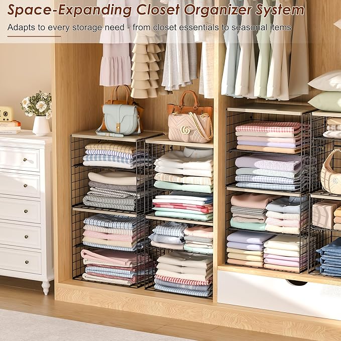 4-Tier Widened Closet Organizers and Storage, Extra Long Stackable Closet Shelf Organizer with Adjustable Dividers and Wood Top, Large Closet Storage Basket for Clothes, Jeans, Wardrobe Organization