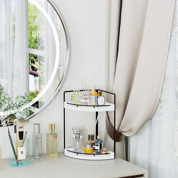 Corner Bathroom Counter Organizer, 2 Tier Wood Vanity Storage, White-2 Tier