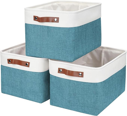 Storage Bins Large Fabric Storage Baskets for Shelves 3 Pack, Teal&White
