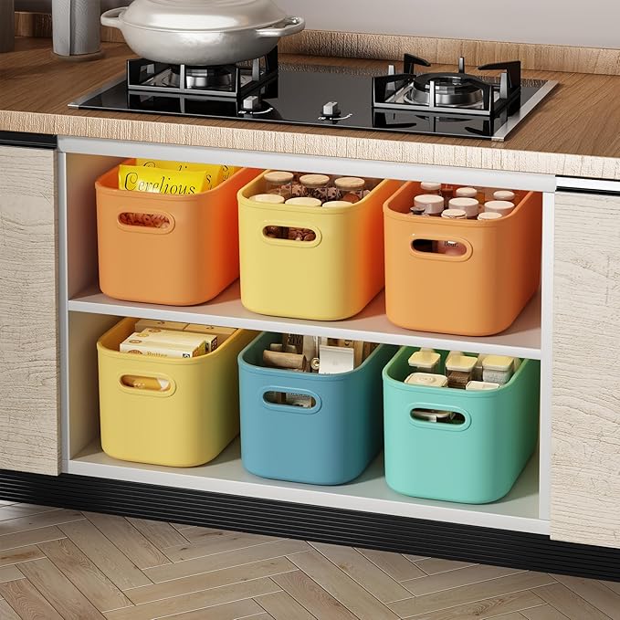 ORGIDOL 12 Pack Colorful Plastic Storage Bins, Storage Container for Organizing, Colored Storage Boxes with Handle for Shelves, Cute Organizer Bins for Craft, Snacks, Cabinet, 9.69x6.7x5.7 inch