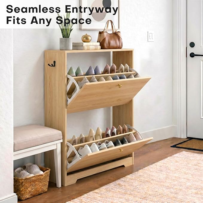 Shoe Cabinet with 2 Flip Drawers, Foyer Natural Oak with Hook