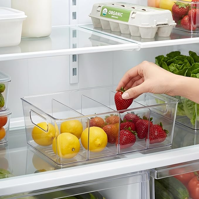 4 Pack Pantry Organizers and Storage, Food Storage Containers with 3 Removable Divider for Kitchen, Fridge, Cabinet Organization, Clear Plastic Storage Bins for Snacks, Spice Packets, Packets, Pouches