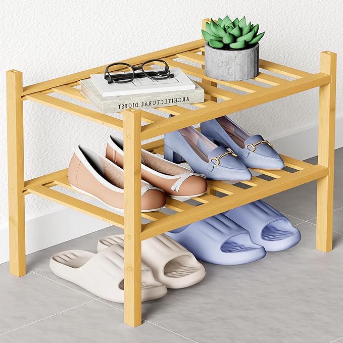 Smiry Bamboo Shoe Rack for Closet, 2 Tier Small Wooden Shoe Organizer, Stackable Wood Shoe Storage Shelf for Entryway, 14 Vertical Slats, One-piece Heavy-Duty Legs, 17.32"x11.02"x12.99", Natural