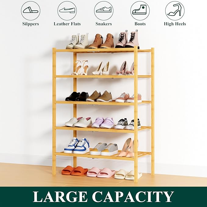 Smiry Bamboo Shoe Rack, 5 Tier Free Standing Wooden Shoe Organizer, Stackable Wood Shoe Storage Shelf for Closet, Entryway, 14 Vertical Slats, 2+2+1 Stack Heavy-Duty Legs, 26.8"x11"x32.5", Natural