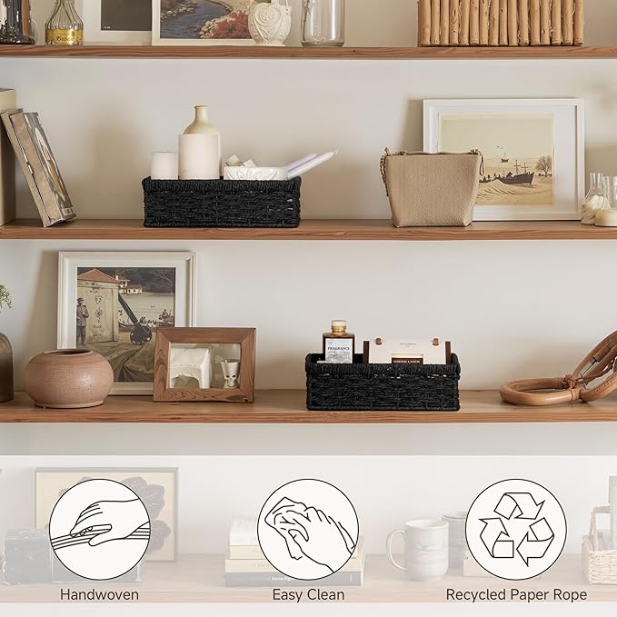 StorageWorks Paper Rope Storage Baskets, Small Wicker Basket for Organizing, Pantry Organizers and Storage, Black, 2-Pack