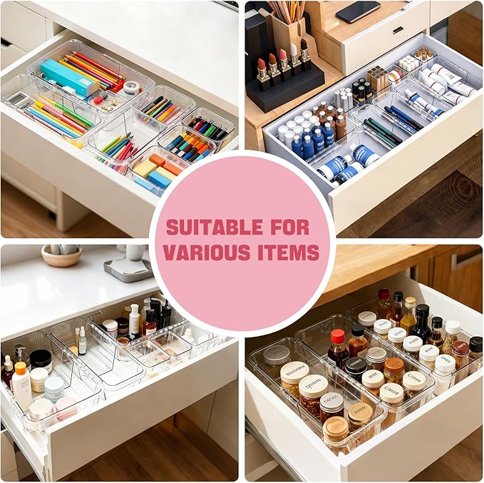 21 PCS Extendable Drawer Organizer Set, 3-Size Clear Stackable Vanity Storage Bins, BPA-Free Adjustable Non-Slip Acrylic Dressing Table Organizer Boxes for Makeup, Cosmetics, Office Supplies, Utensils