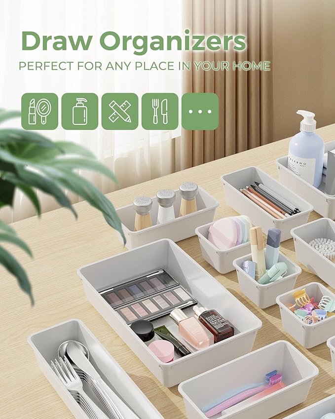 25 PCS Plastic Drawer Organizers Set, 4-Sizes Vanity and Makeup Organizer, White