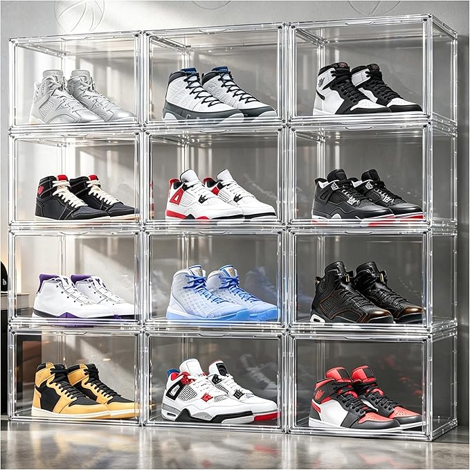 Clear Shoe Boxes Stackable, 10.6'' Tall Sneaker Storage Boxes for High Top Shoes, Magnetic Side Door Shoe Organizer Clear Plastic Shoe Containers for Closet Display, 1 Pack