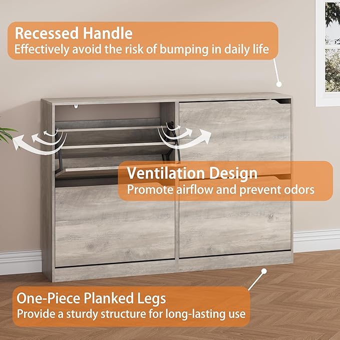 Shoe Storage Cabinet, Wood Shoe Organizer for Entryway with 4 Flip Drawers, Freestanding Shoe Rack with Adjustable Shelf, Narrow Shoe Dresser for Front Door Entrance(Grey, 47.24" x 32.28" x 9.44")