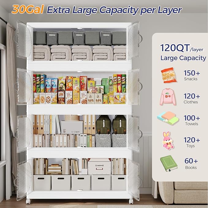 120Gal/480QT 4-Tiers Extra Large Stackable Storage Bins with Lid, Collapsible Cabinet Closet Organizer Plastic Container Box with Wheels Doors Drawers for Office Dorm Kitchen, White