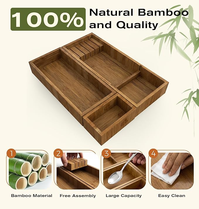 KOCWELL Bamboo Drawer Organizer with Knife Block, 3 Removable Silverware Drawer Organizer Bins - Multi-Use for Kitchen Utensils, Office, Makeup, Tools Storage