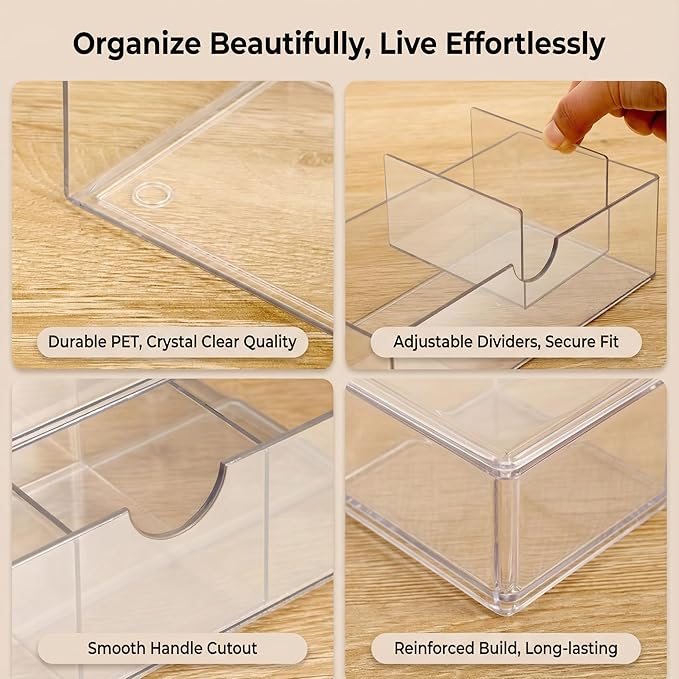 2-Layer Clear Acrylic Vanity Organizer with Adjustable Dividers, Stackable 3-Compartment Storage Box for Makeup, Hair Accessories, Skincare, Bathroom, Desk - 8.07" x 3.94" x 2.76"