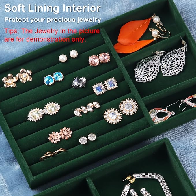 Set of 8 Stackable Jewelry Organizer Stackable Trays for Drawers,Jewelry Drawer Inserts Container Display Case Storage for Earring Necklace Rings Bracelet with Removable Dividers-Green