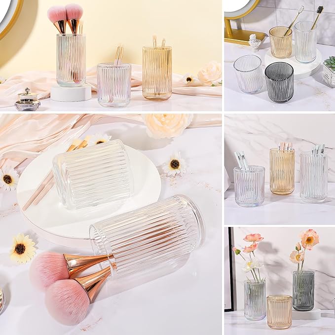 DASITON Makeup Brush Holder Organizer, Crystal Glass Makeup Brushes Storage Holder, Vintage Make Up Brush Cup for Vanity, Pen Pencil Holder for Desk, Toothbrush Holders for Bathroom (Clear L)