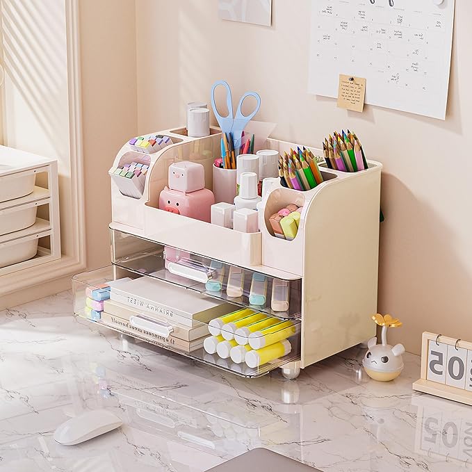 Large Makeup Organizer Countertop with 6 Brush Holders, Cream White