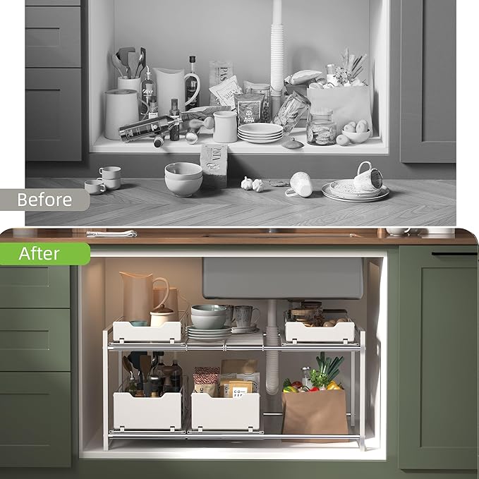NETEL NETELAdjustable Under Sink Organizers and Storage, 2 Tier Expandable Pull Out Under Sink Organizers and Storage, 4 Pull-Out Metal Baskets, (21.5-31.64)" W X 14.69" D X 15.83" H