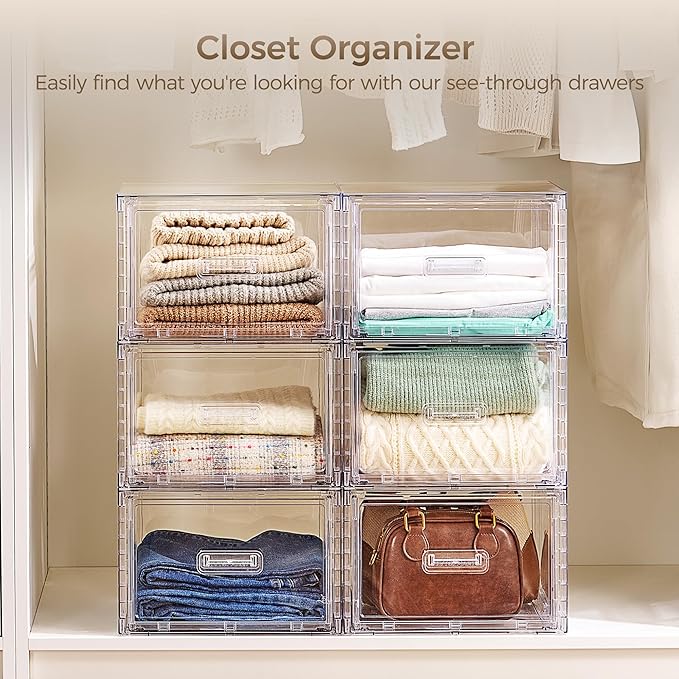 4 Pack 18QT Clear Stackable Storage Drawers, Easily Assemble Closet Organizers
