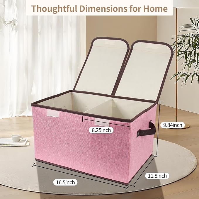 Foldable Fabric Storage Box with Double-Lid & Dividers, Large Organizer for Home, Closet, Office (Pink, 2 Packs)