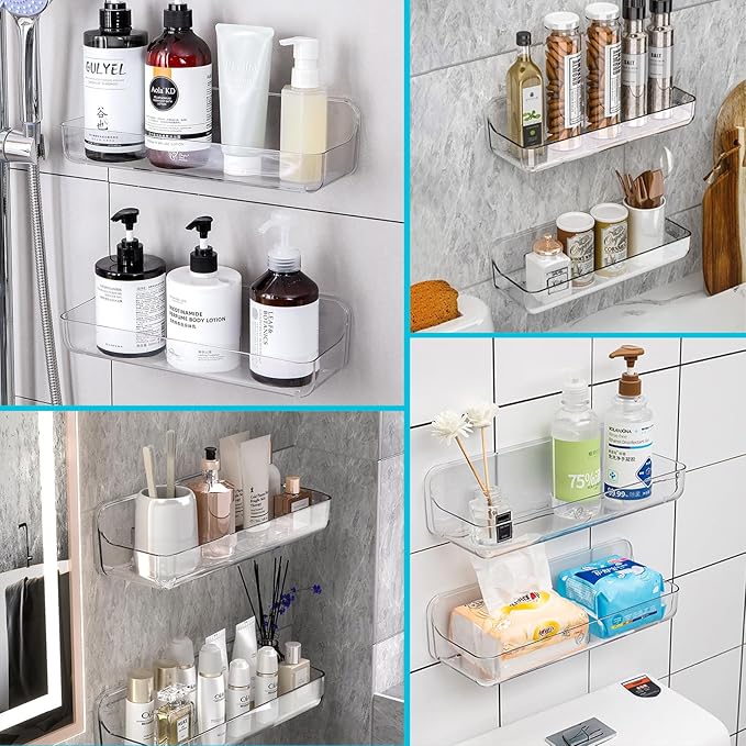 CGBE Adhesive Long Shower Caddy: Stick Hanging Acrylic Organizer Shelves - 2-Pack Modern Wall-Mounted Holder for Girls, Men & Kids - Bathroom Wall Bathtub