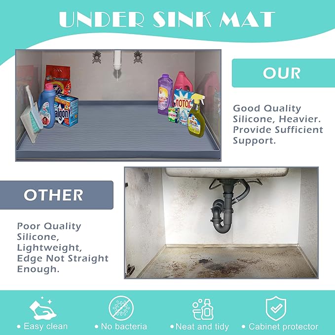 URMONA Waterproof Silicone Under Sink Mat 28'' x 22'' Shelf Liner for Kitchen and Bathroom, Cabinet and Counter Protector, Storage and Organizers, Litter Mat, Pet Cat Puppy Essentials(Light Grey)
