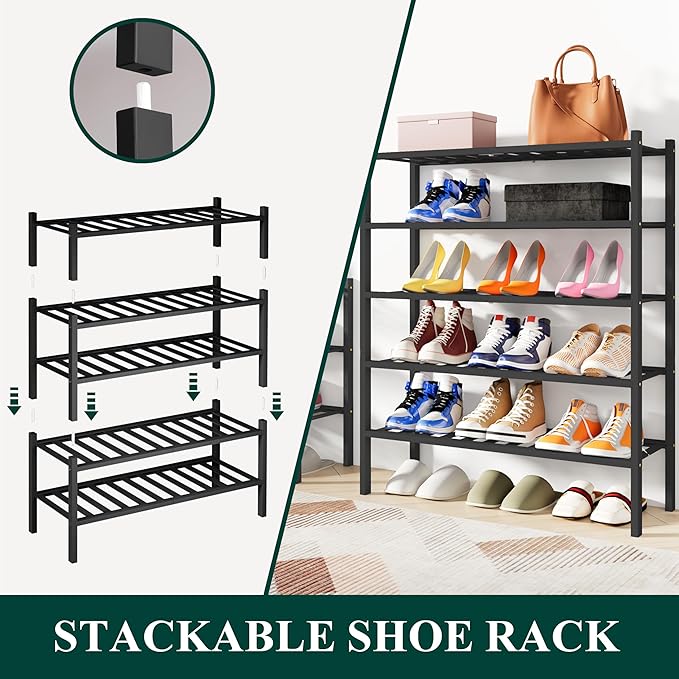 Smiry Bamboo Shoe Rack, 3 Tier Free Standing Wooden Shoe Organizer, Stackable Wood Shoe Storage Shelf for Closet, Entryway, 12 Vertical Slats, 2+1 Stack Standard Legs, 26.8"x11"x19.5", Black