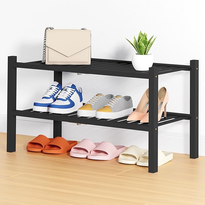 Smiry Bamboo Shoe Rack, 2 Tier Free Standing Wooden Shoe Organizer, Stackable Wood Shoe Storage Shelf for Closet, Entryway, 14 Vertical Slats, One-piece Heavy-Duty Legs, 26.8"x11"x13", Black