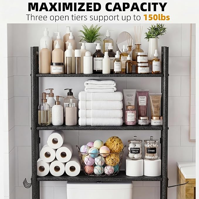 GloTika 3-Tier Over Toilet Storage with Anti-Tilt Safety System - 150lb Total Capacity Metal Bathroom Shelves Including Paper Holder & 4 Hooks, Space Saving Above Commode Organizer (64" H, Snow Black)