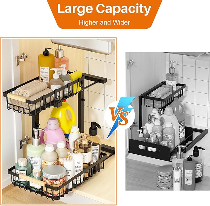REALINN Under Sink Organizer, Height Adjustable 2 Tier Pull Out Cabinet Storage, L-Shaped Drawer Organizer for Kitchen Sink Organizer, Bathroom Organizers and Storage, Smooth Sliding Rails, Black