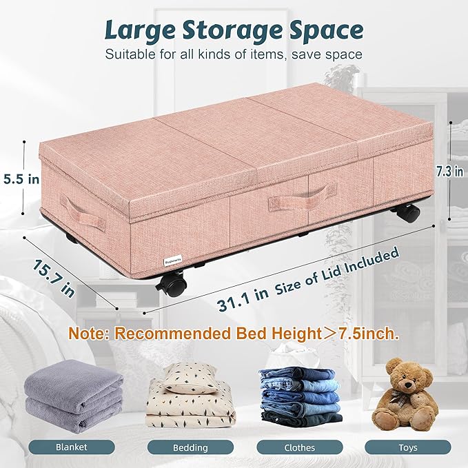Supowin Under Bed Storage with Wheels, Rolling Underbed Storage Containers with Lids, Under Bed Shoe Storage Bins Organizer with Reinforced Metal Bottom Support and Three Handles