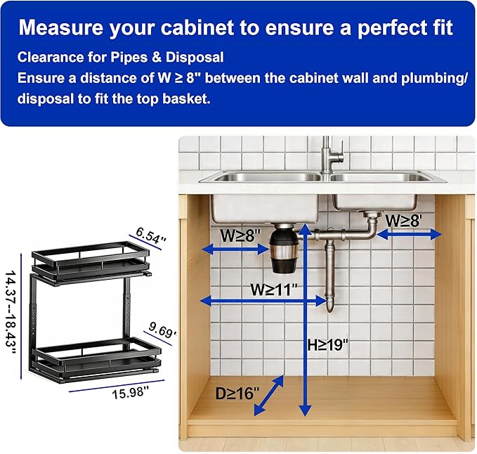Under Sink Organizer, Dual-Rail Ball-Bearing, Under Kitchen Sink Organizer, 6-Level Adjustable, Under Cabinet Organizer, No-Drill Adhesive/Suction, Under Sink Storage (Black, Double Layer - 2 Pack)