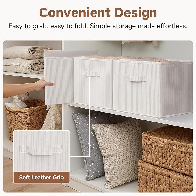 StorageWorks Foldable Shelf Organizer Bins, Closet Storage Baskets for Clothes, Storage Bins for Organization, Beige Stripes, 3-Pack, Extra Large
