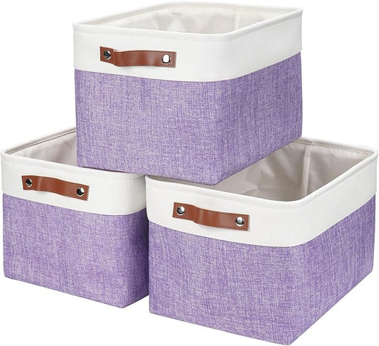 Storage Bins Large Fabric Storage Baskets for Shelves 3 Pack, Purple&White