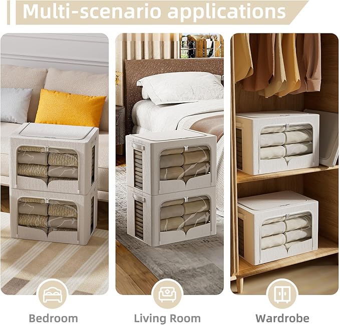 FHSQX 3 Pack Clothes Storage Bins - Foldable Metal Frame Storage Box - Stackable Linen Fabric Container Organizer Set with Carrying Handles and Clear Window (Cream White, 16.5x12.2x12.2inch(40L))