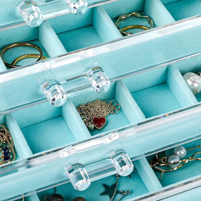 Frebeauty Acrylic Jewelry Organizer Earring Organizer Box with 5 Drawers Earring Holder Organizer with Velvet Trays Clear Jewelry Box for Women Earring Display for Rings Studs(Turquoise)