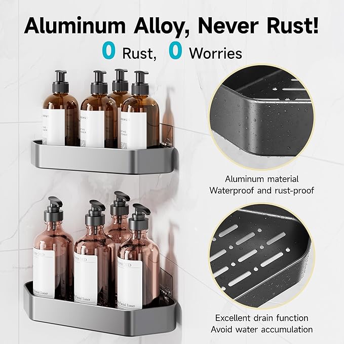 Veken Aluminum Corner Shower Caddy 4-Pack, Never Rust, No Drilling Adhesive Shelves, Stainless Rack with Soap Holder, Large Capacity Bathroom Organizers and Storage, Wall-Mounted Kitchen & Home Decor