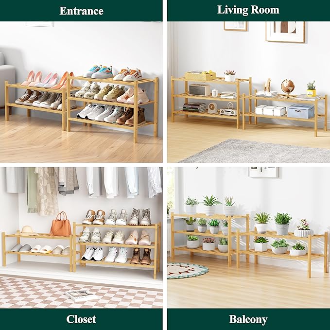 Smiry Bamboo Shoe Rack for Closet, 3 Tier Wooden Shoe Organizer, Stackable Wood Shoe Storage Shelf for Entryway, 14 Vertical Slats, One-piece Heavy-Duty Legs, 26.77"x11.02"x18.31", Natural