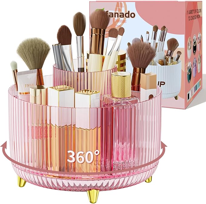 Clear Rotating Makeup Organizer Countertop for Vanity, Transparent Pink