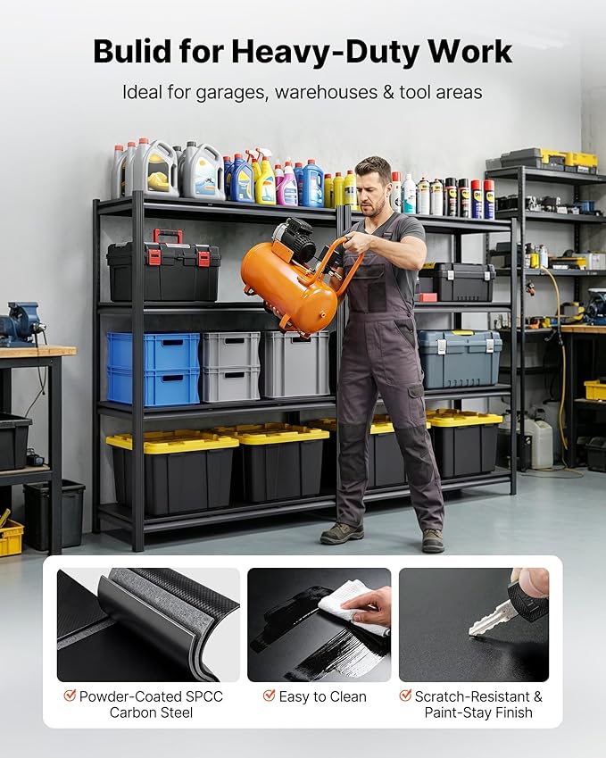 VEVOR Storage Shelves, 4-Tier Adjustable, 2400 lbs Capacity, Heavy Duty Garage Storage Shelving Unit, Metal Utility Rack Shelf, for Garage Workshop Warehouse Basement, 40.55" W x 20.55" D x 60.2" H