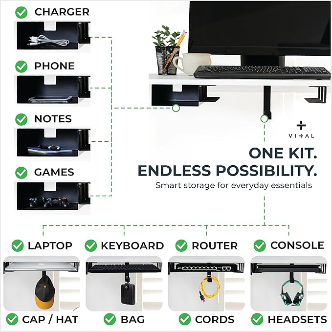 VI+AL Under Desk Laptop Mount - Hidden Metal Shelf with Side Storage, Hook & Cable Organizer - Installs with Tape & Screws - Fits Devices up to 1.7" Thick - Deluxe