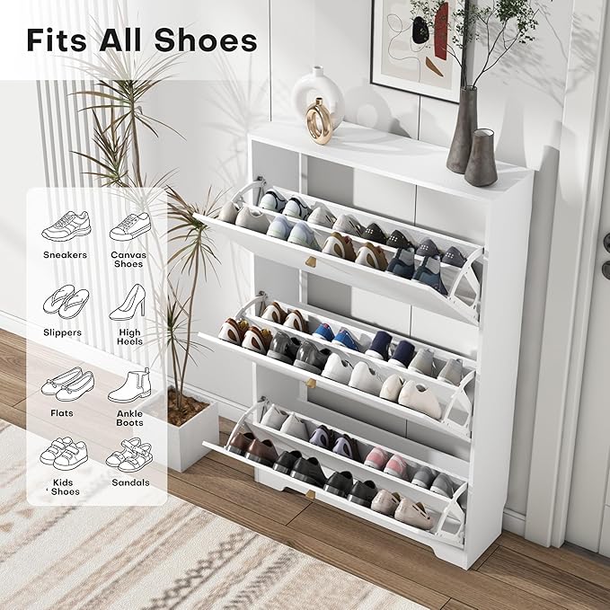 Nicetree Shoe Cabinet with 3 Flip Drawers, Narrow Shoe Organizer Cabinet, Freestanding Shoe Rack Cabinet, Modern Shoe Storage Cabinet for Entryway, Hallway, Foyer, White with Hook