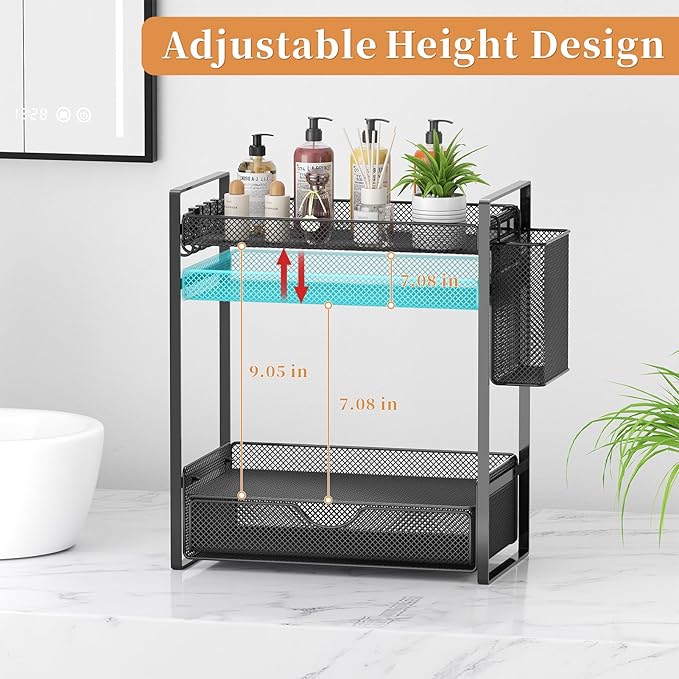2 Tier Bathroom Organizer Countertop with Drawer, Black