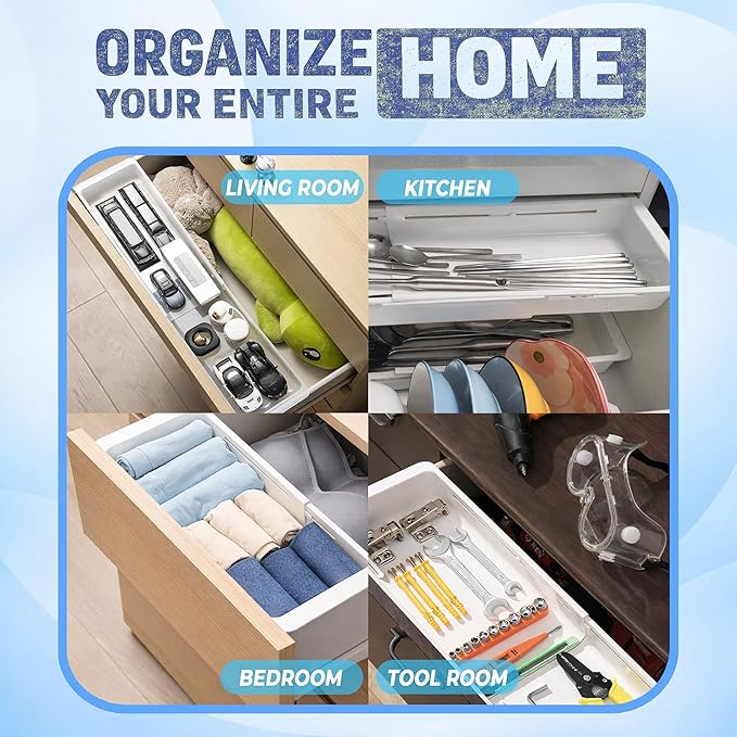 3-Pack Expandable Drawer Organizer for Deep Drawers, Adjustable 17–27 in Storage Tray, Durable PP Smooth Glide Divider for Kitchen, Vanity & Office, Space-Saving Design