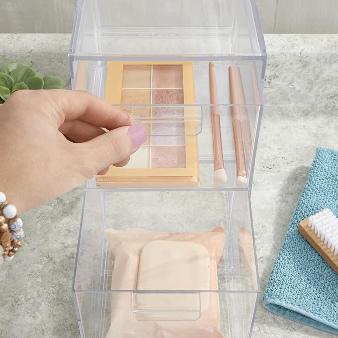 STORi Audrey Stackable Clear Bin Plastic Organizer Drawers | 2 Piece Set | Organize Cosmetics and Beauty Supplies on a Vanity | Made in USA