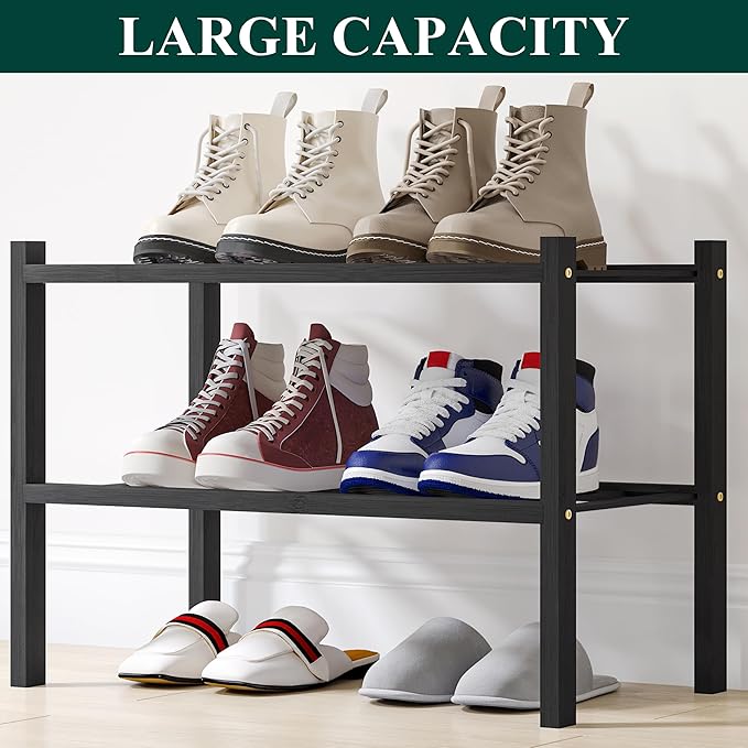 Smiry Small Bamboo Shoe Rack, 2 Tier Free Standing Wooden Shoe Organizer, Stackable Wood Shoe Storage Shelf for Closet, Entryway, 12 Vertical Slats, One-piece Standard Legs, 17.3"x11"x13", Black