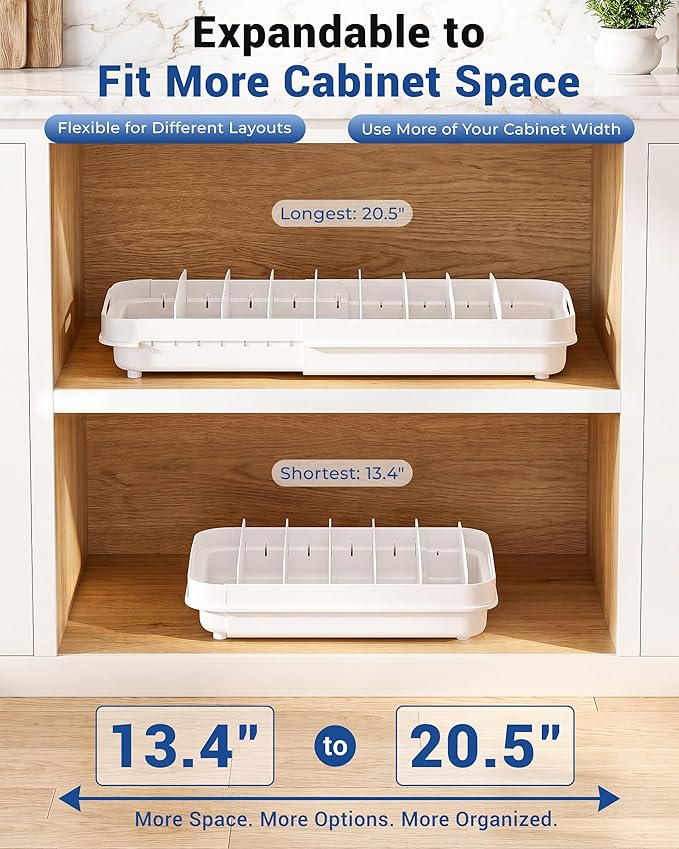 EVERIE Expandable Food Container Lid Organizer for Cabinet, Fits 12-Inch Deep or Deeper Cabinets , Adjustable 13.4" to 20.5", 8 Adjustable Dividers for lids , Drawer, Pantry and Kitchen Storage