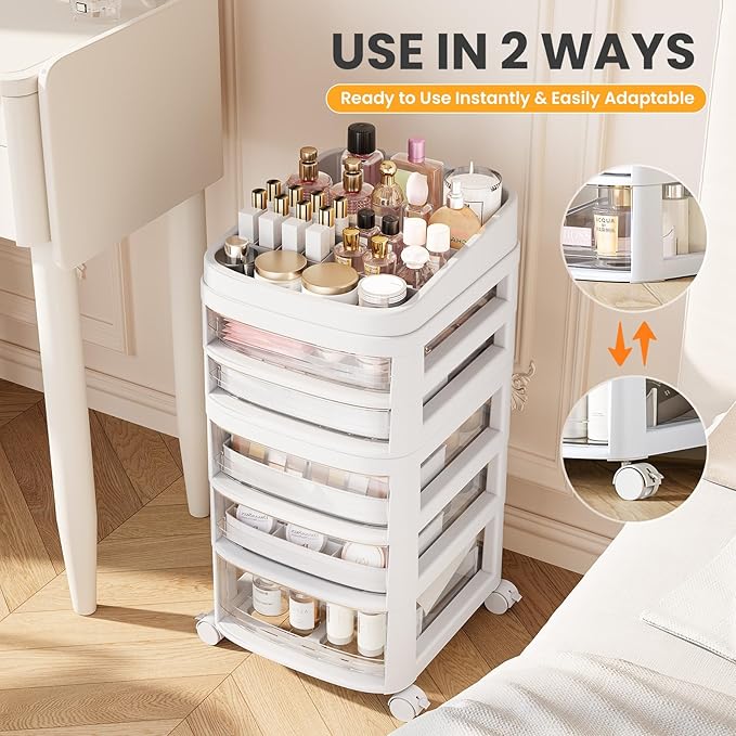 Rolling Cart with 5 Drawers, Clear Plastic Drawer Organizers