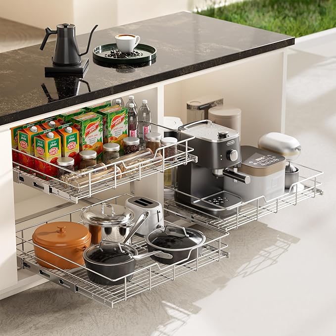 2 Tier Pull Out Cabinet Organizer 9" W X 22" D, Slide Out Drawers for Kitchen Cabinets, Pull Out Drawers for Cabinets Capacity Heavy Duty Caddy, Cabinet Pullout Shelves Chrome-Plated,Bathroom Pantry